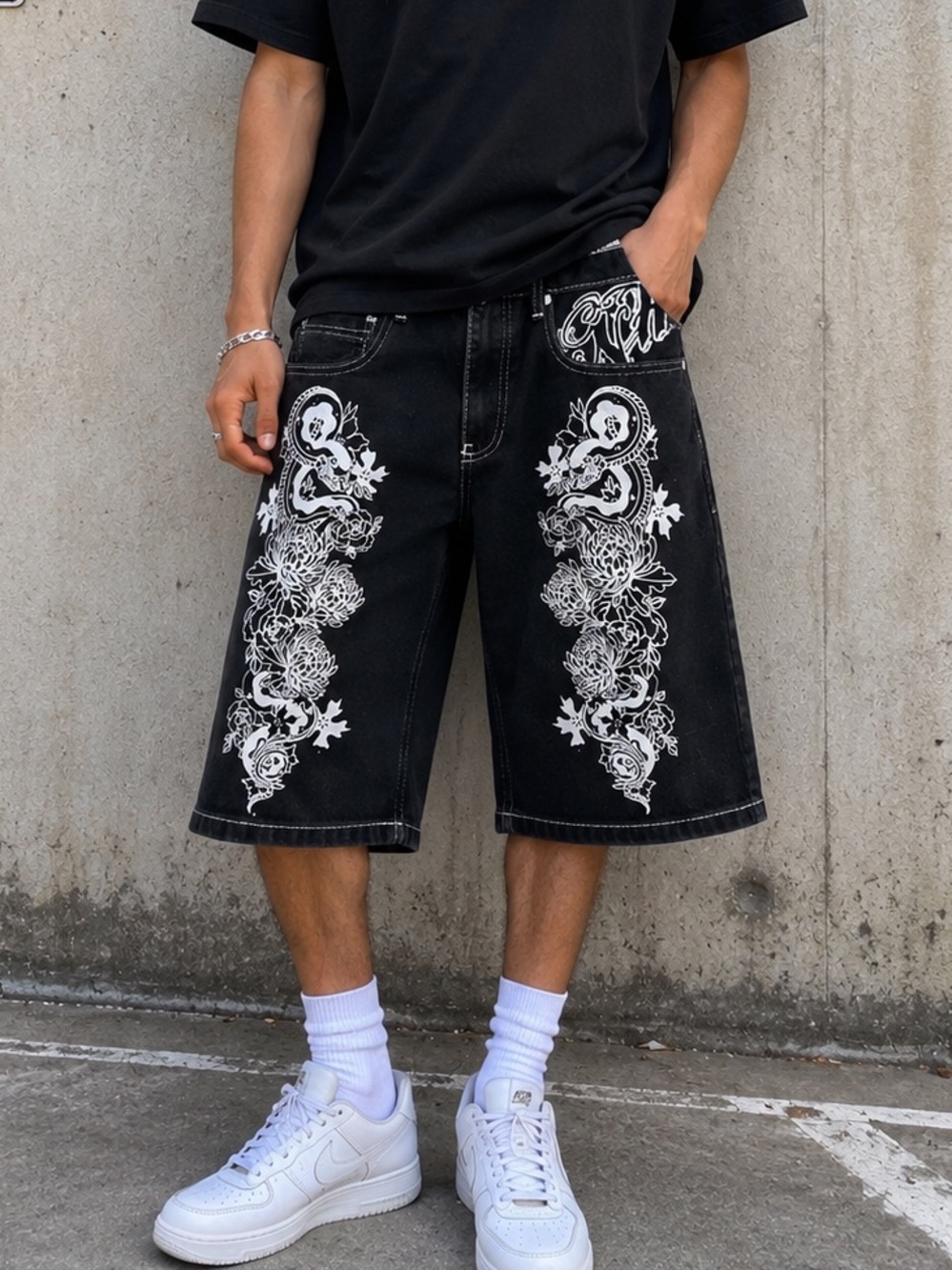 Ninth Hall Waylay Men’s 30 Black Graphic Denim Jorts Dragon Tattoo Y2K Baggy Sho